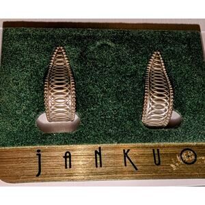 New Old Stock Jankuo Gold Tone Engraved Art Deco Hoop Clip-on Earrings 1 inch